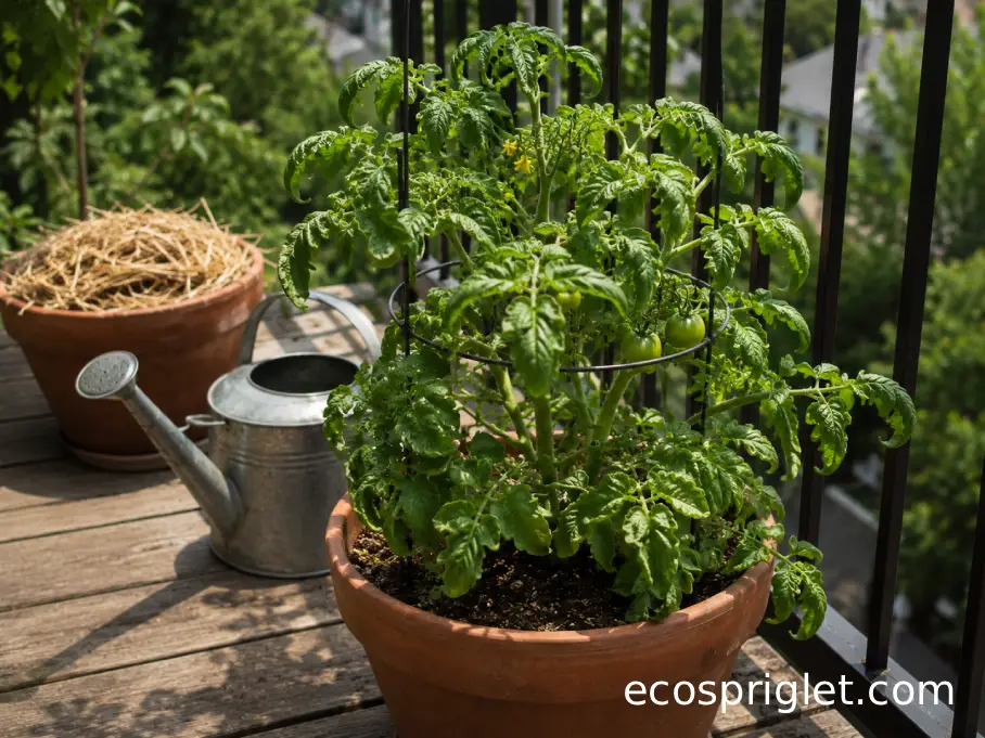 A potted tomato plant shows slight leaf curl from heat beside a balcony railing.