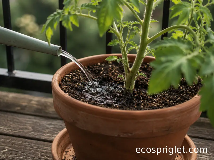 Water is poured at the base of a potted tomato plant on a balcony deck.