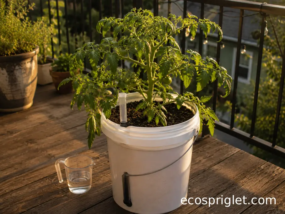 A tomato plant grows in a self-watering bucket planter with a fill tube on a balcony.