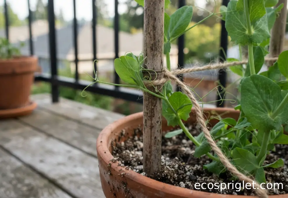 Pea tendrils curling around a narrow bamboo trellis in a terracotta balcony pot.