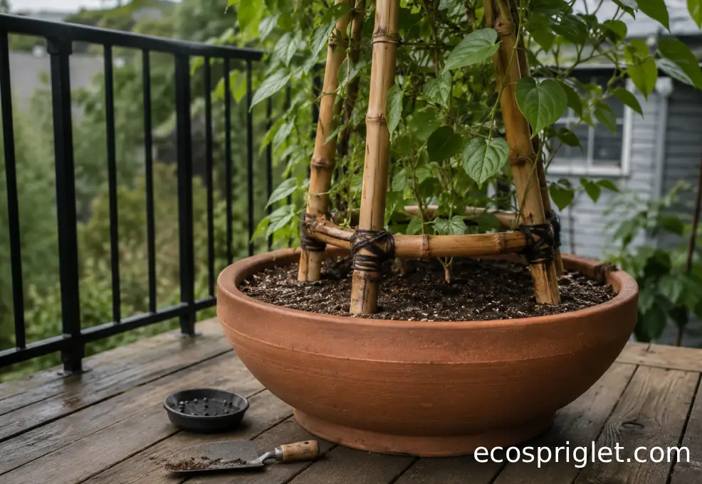 A wide terracotta planter holding a securely braced bamboo trellis on a windy balcony.