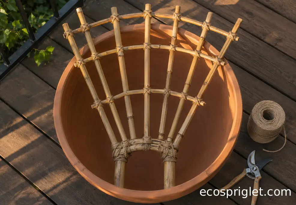 A handmade bamboo fan trellis assembled inside an empty terracotta plant pot.