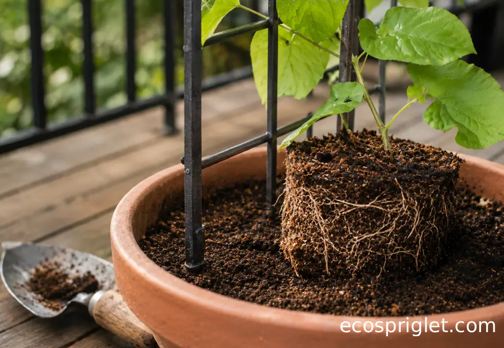 A narrow metal trellis positioned behind a young vine during repotting.