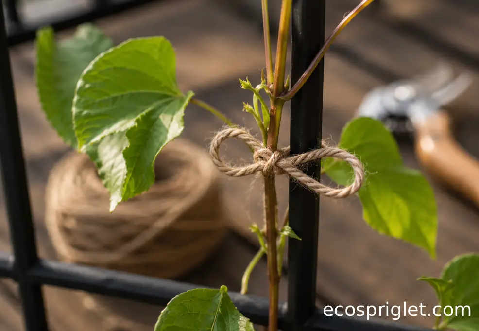 A young clematis stem secured to a trellis with a loose figure-eight twine tie.