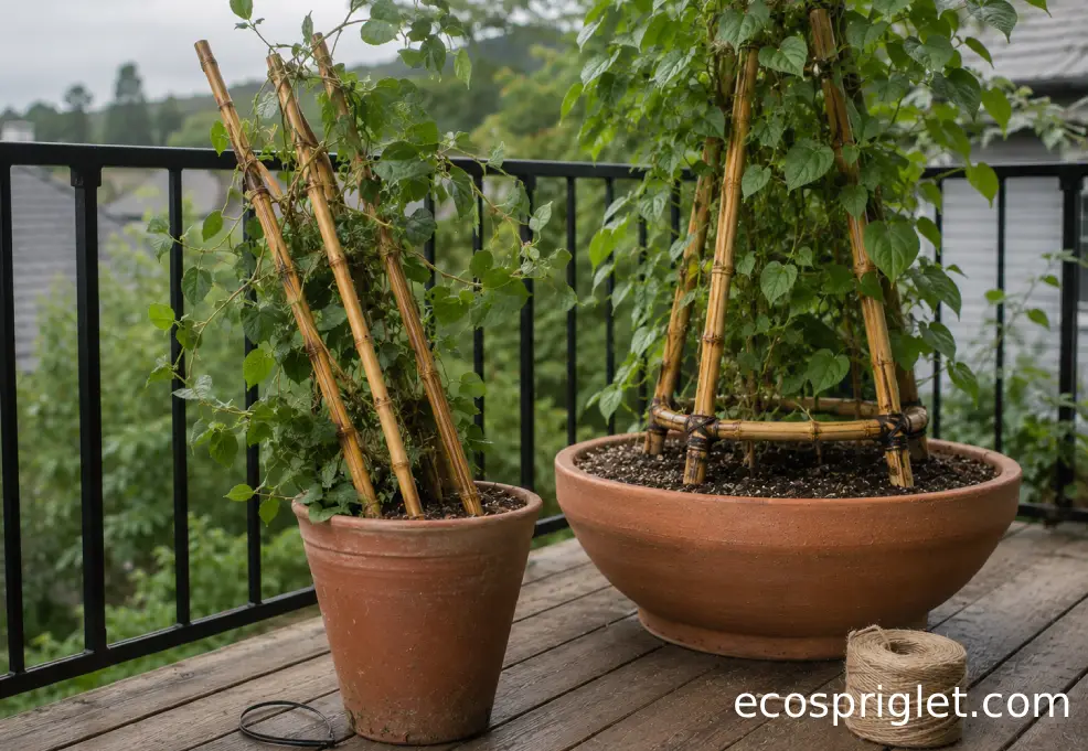 A leaning pot trellis beside a correctly supported balcony planter for comparison.