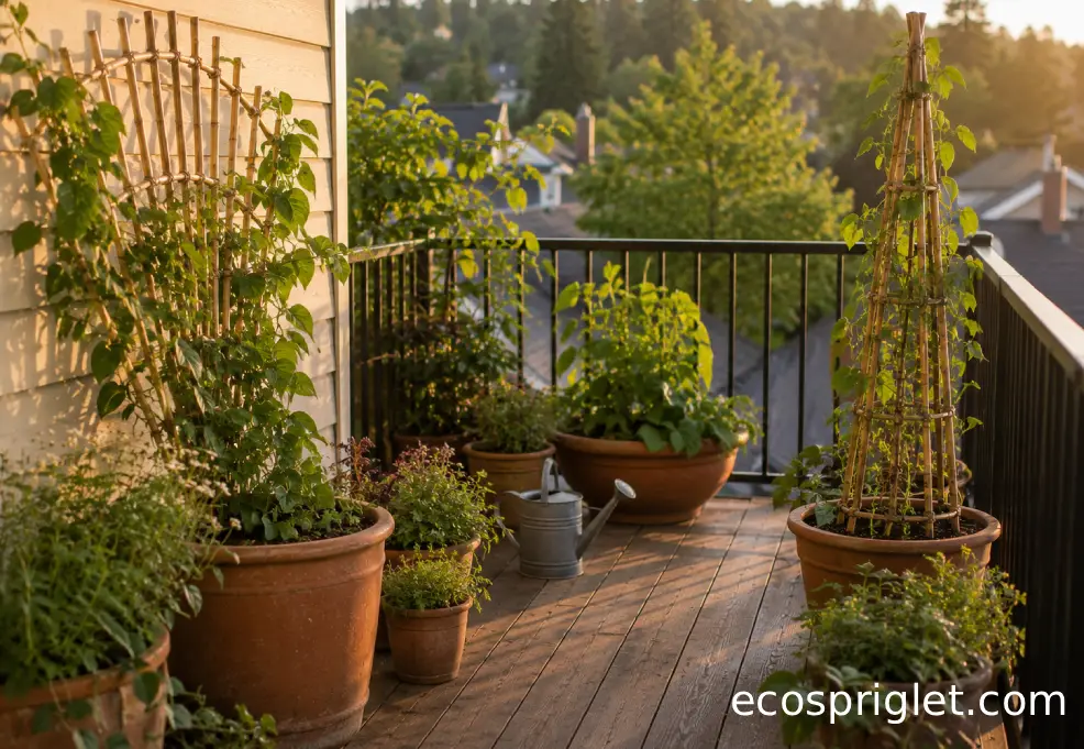A narrow balcony container garden arranged with a wall-side fan trellis and corner obelisk.