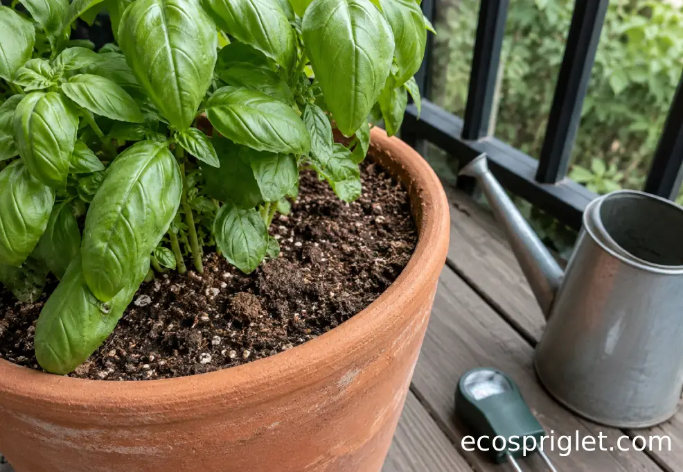 A terracotta pot of basil with dry topsoil being checked beside a small metal watering can on a wooden balcony deck.