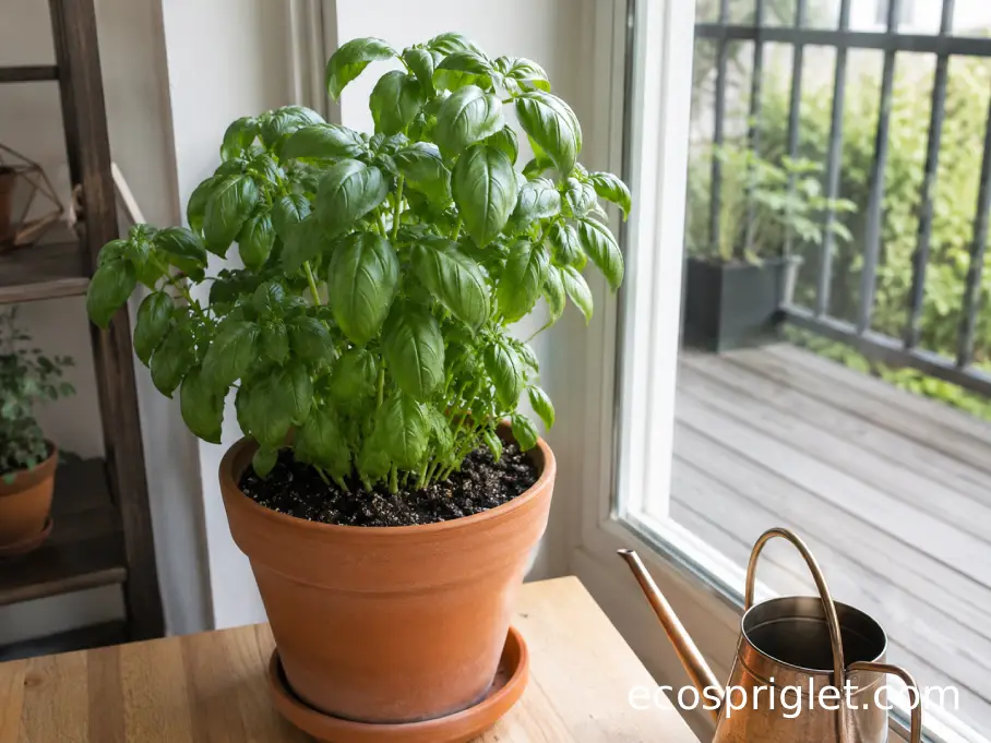 Indoor basil in a terracotta pot near a sunny apartment window with a saucer and small watering can nearby.