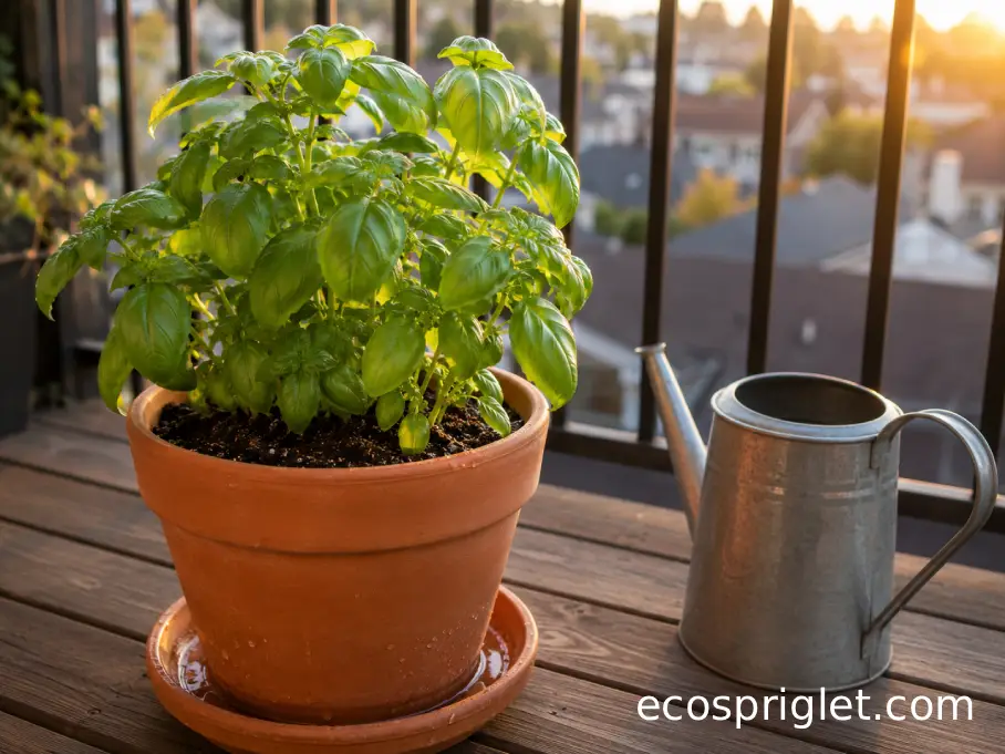 A balcony basil plant in a terracotta pot with water draining lightly onto a saucer after watering.