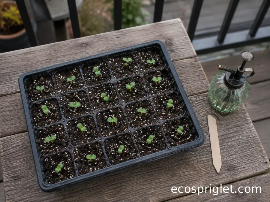 Basil seedlings in a shallow seed tray with evenly moist potting mix and a spray bottle nearby.
