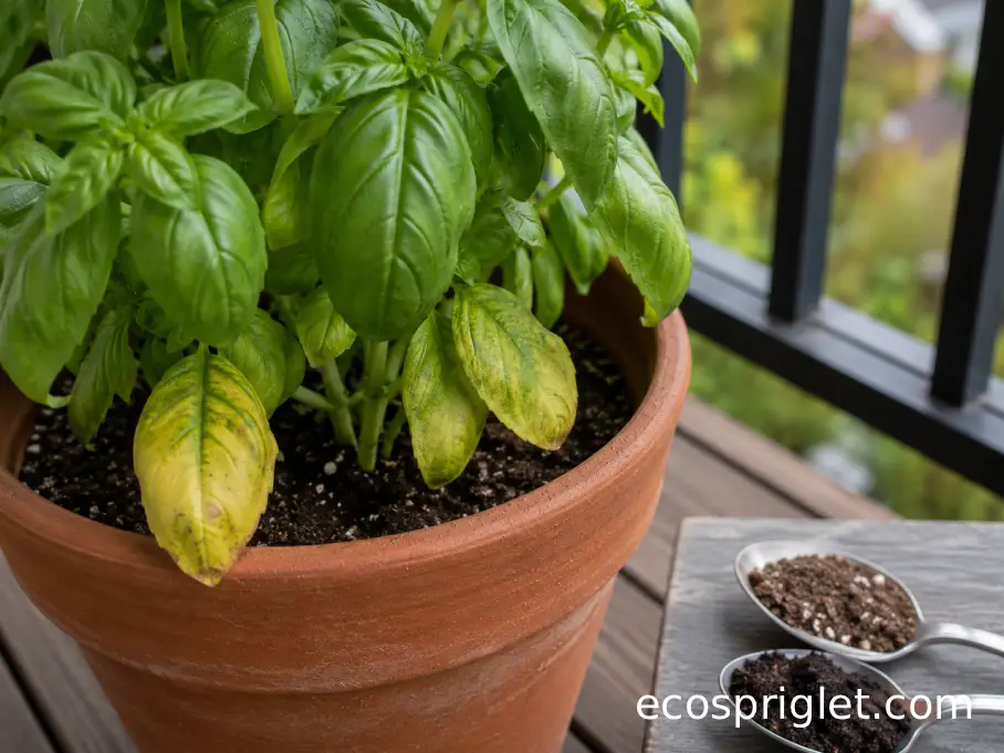 A basil plant with a few yellow lower leaves beside dry and wet soil samples on a small terrace table.