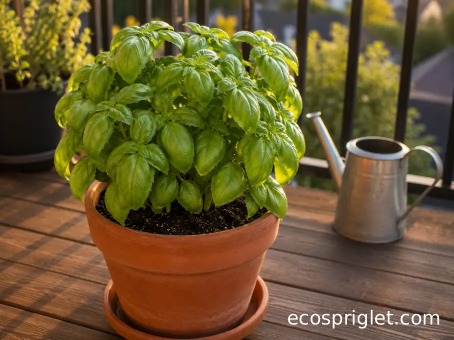 A lush basil plant in a terracotta pot on a calm balcony at golden hour after proper watering.