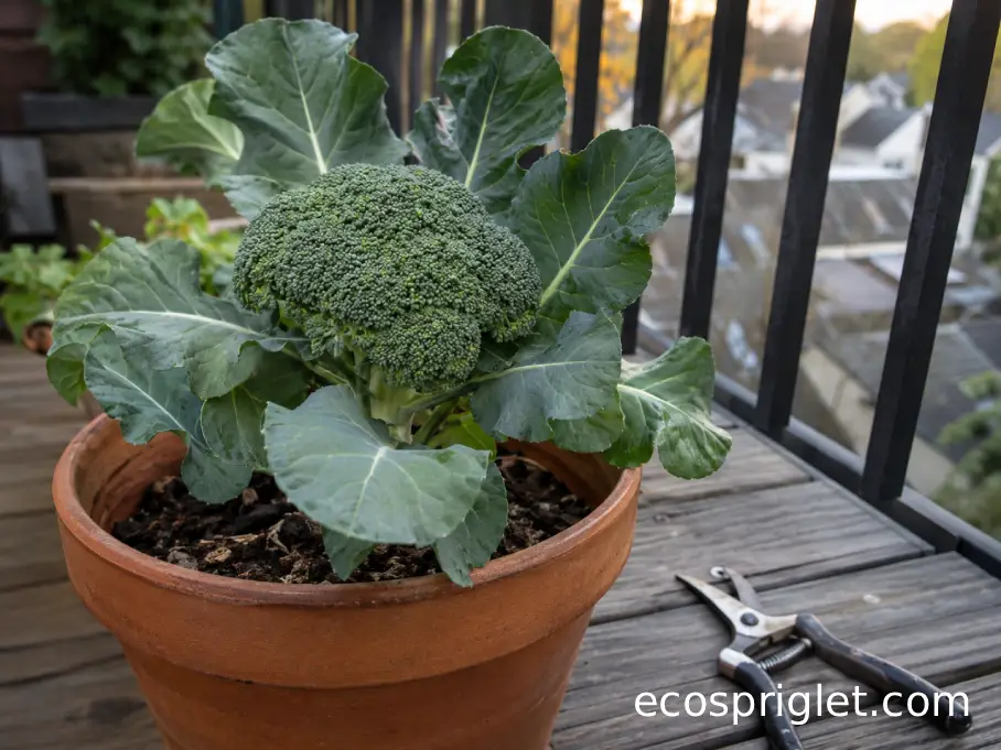 Compact green broccoli head with tightly closed buds ready for harvest in a terracotta balcony container.