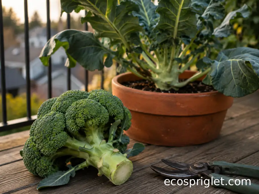 Freshly cut broccoli crown with a clean stem beside a leafy plant in a balcony pot.