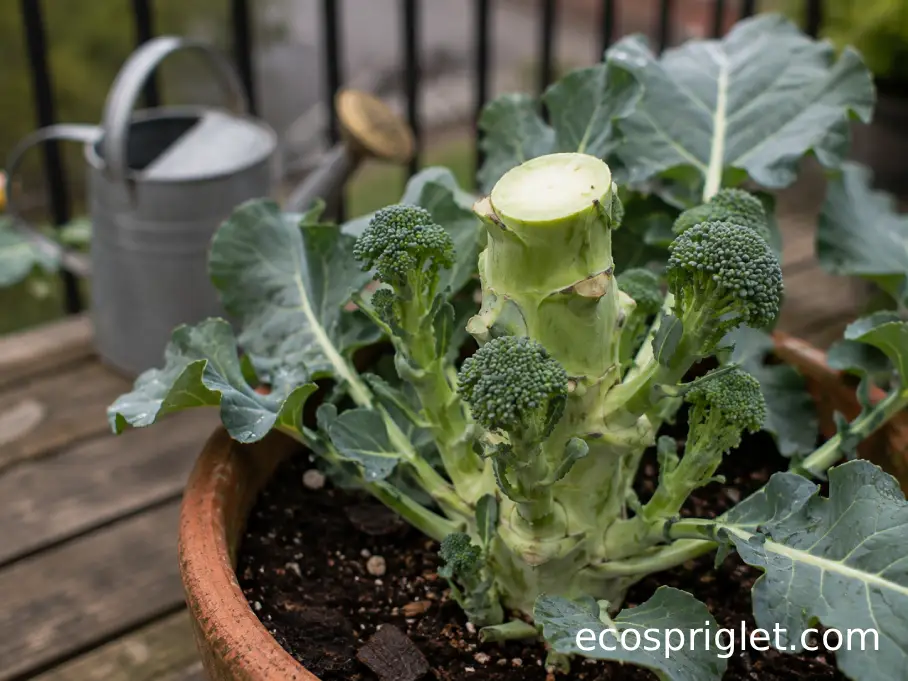Small broccoli side shoots developing below the cut central stalk of a container-grown plant.