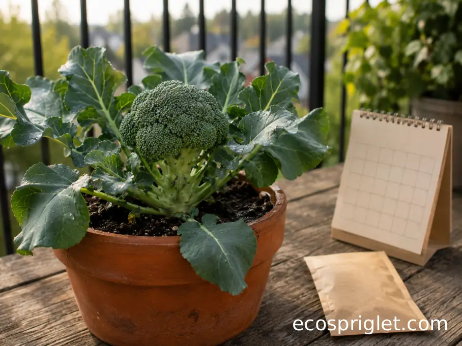 Maturing broccoli plant beside a seed packet and small garden calendar on a Portland balcony.