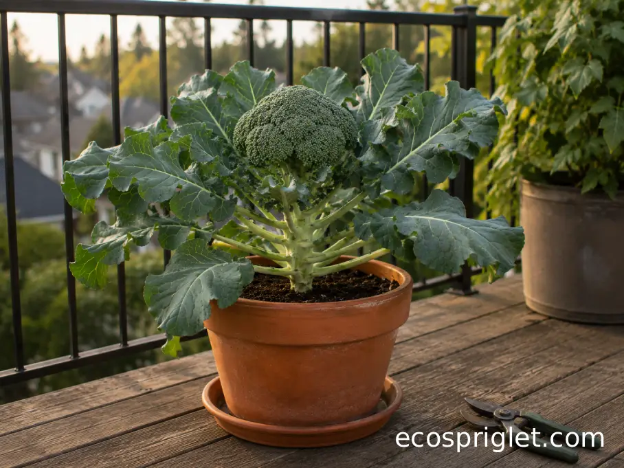 Single mature broccoli plant positioned for easy harvest in a tidy terracotta balcony container.