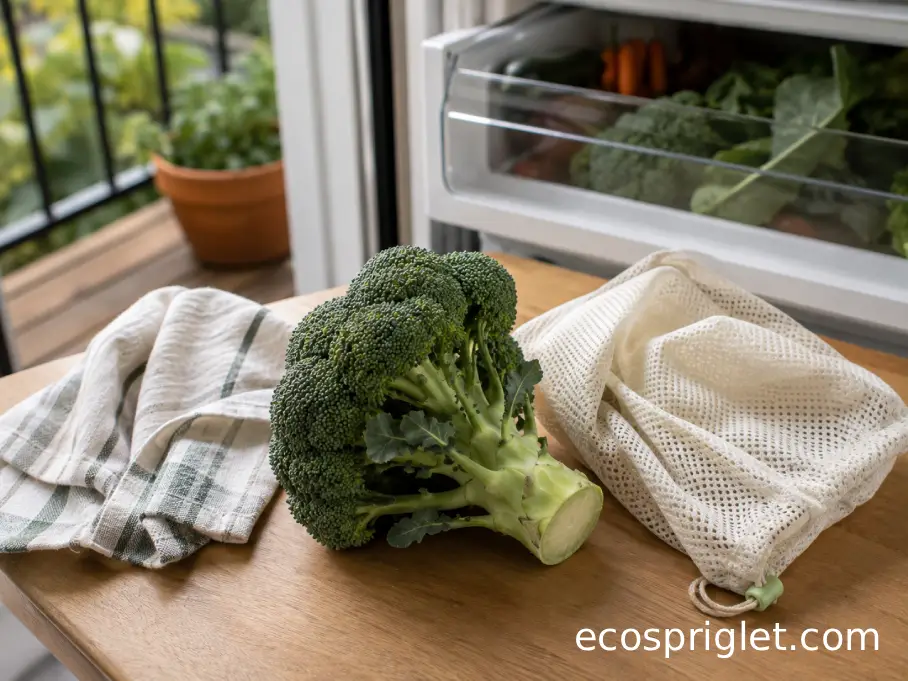 Freshly harvested broccoli crown in a perforated storage bag beside a refrigerator produce drawer.