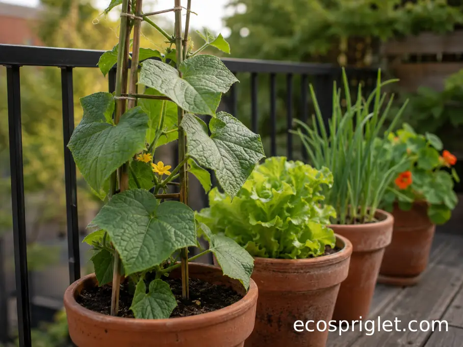 Trellised cucumber growing beside compact lettuce, scallions, and flowering nasturtiums in terrace containers.