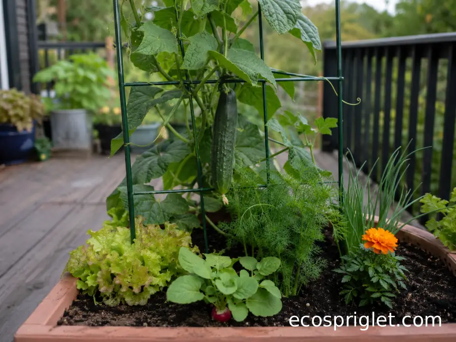 Cucumber vine surrounded by radishes, lettuce, dill, scallions, and marigolds in a compact raised planter.