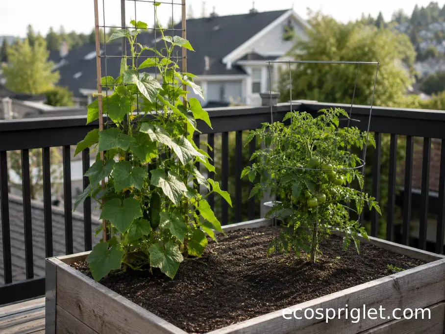Separate cucumber trellis and caged tomato growing side by side in a sunny raised balcony bed.