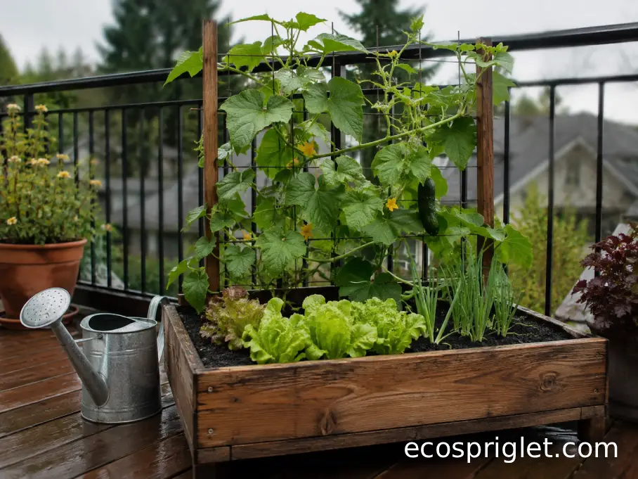 Trellised cucumber positioned at the back of a compact raised bed with lettuce and scallions along the front edge.