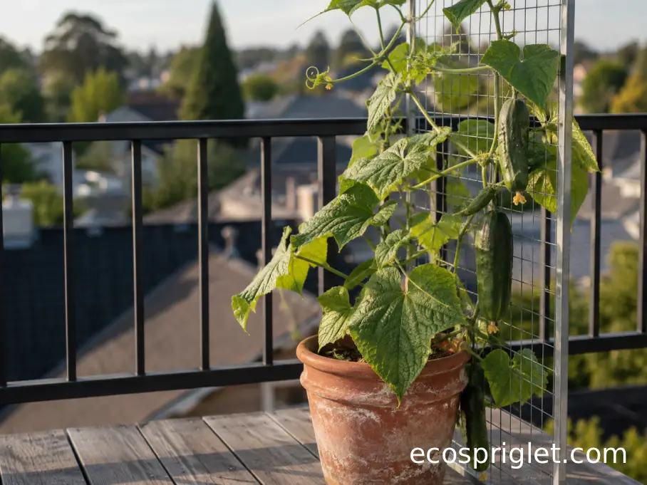 Vining cucumber climbing a simple mesh trellis beside a terracotta container on a small balcony.