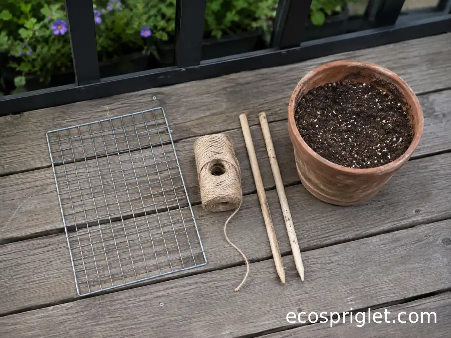 Galvanized mesh, garden twine, and wooden stakes ready for building a cucumber support.