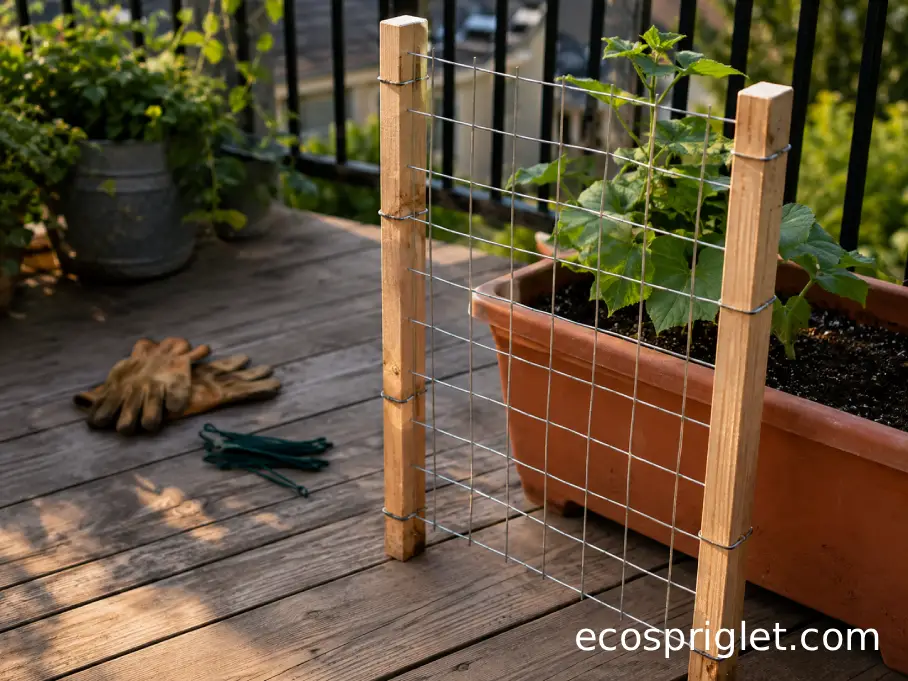 Simple wooden cucumber trellis frame with galvanized mesh ready to attach to a planter.