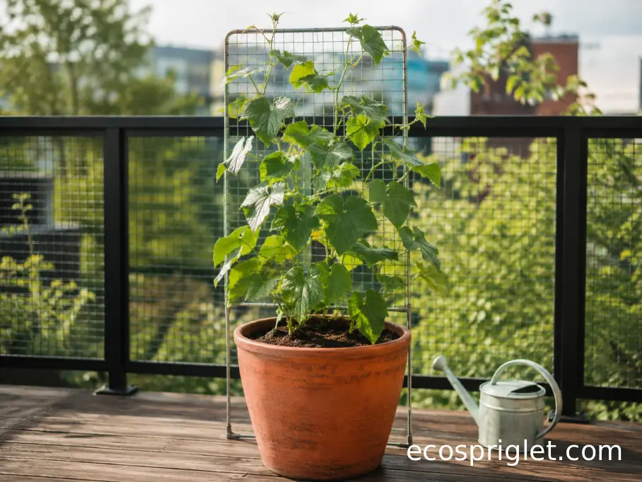 Large cucumber container with a freestanding mesh trellis on a sunny apartment terrace.