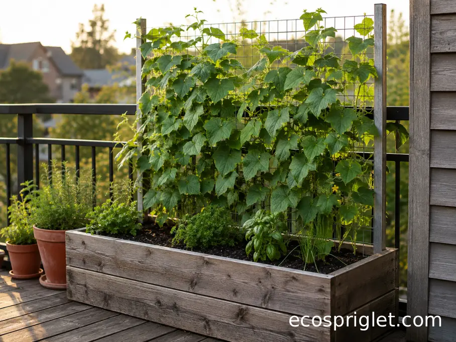 Cucumber vines trained vertically along the back edge of a compact raised bed.