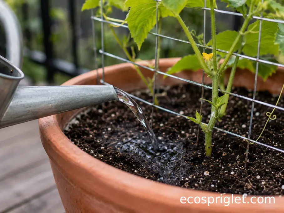 Watering the soil directly beneath a trellised cucumber growing in a large terracotta pot.