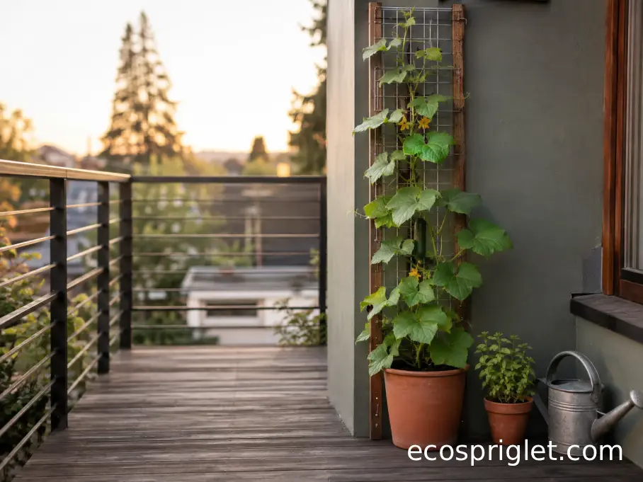 Narrow vertical cucumber trellis above a single pot on a compact apartment balcony.