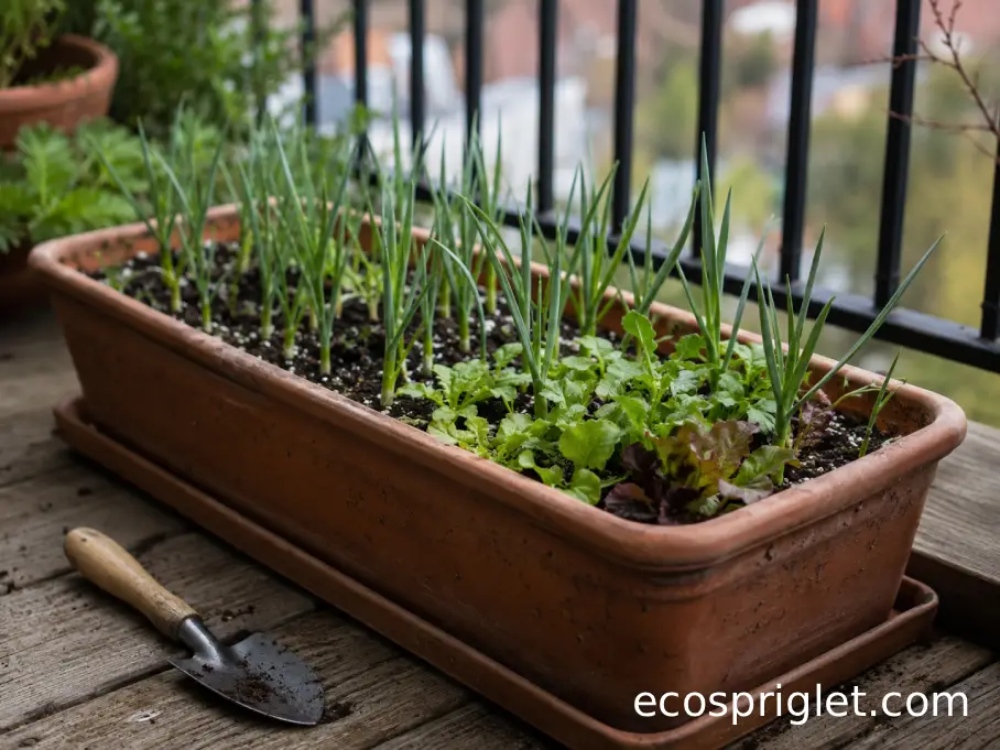 Garlic shoots spaced beside young salad greens in a terracotta balcony planter.