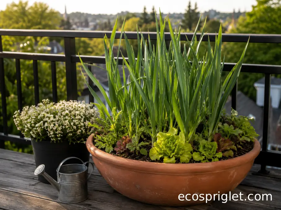 Garlic growing with lettuce, radish foliage, and sweet alyssum in small terrace containers.