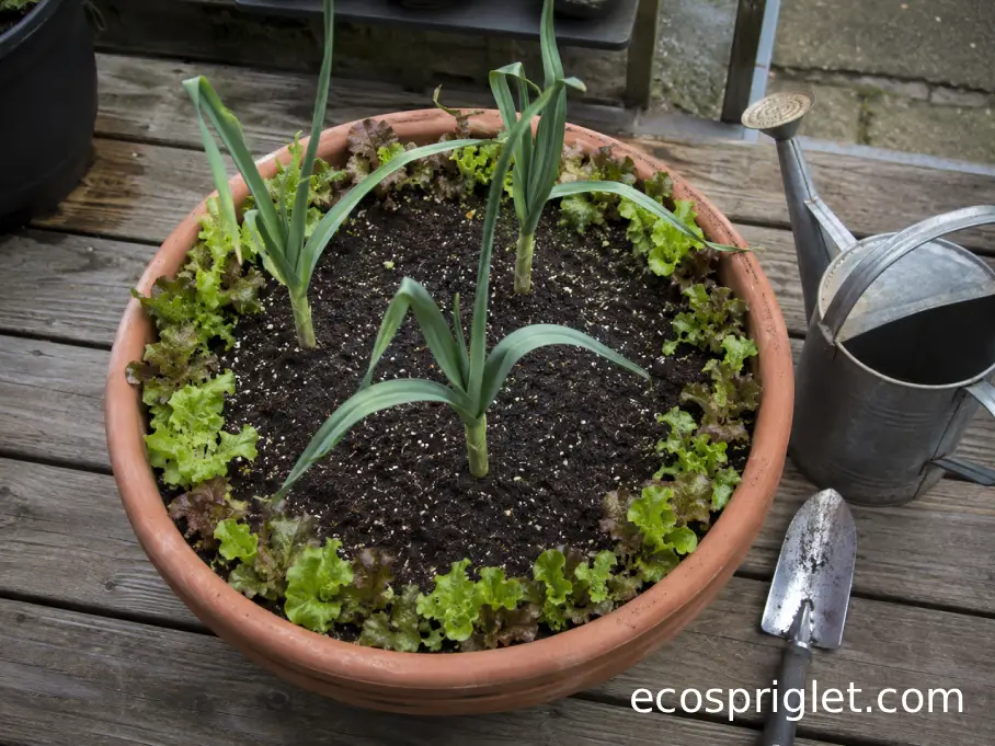Three spaced garlic plants surrounded by young lettuce in a deep terracotta container.