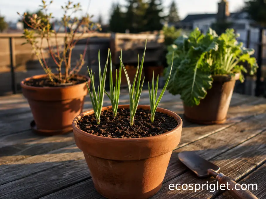 Garlic growing separately from a blueberry and a large leafy vegetable on a small terrace.