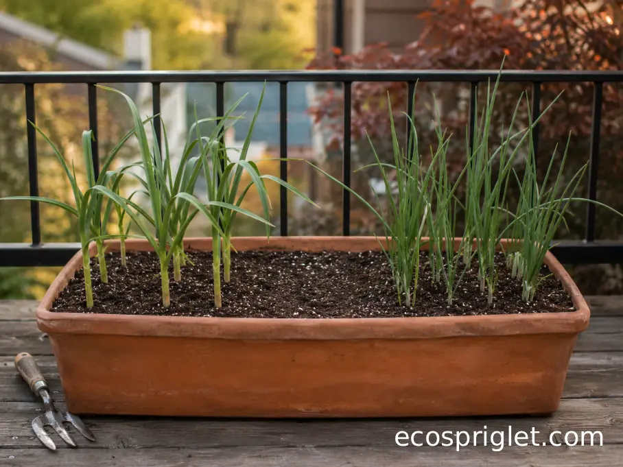 Garlic and onions growing with generous spacing in a wide terracotta balcony planter.