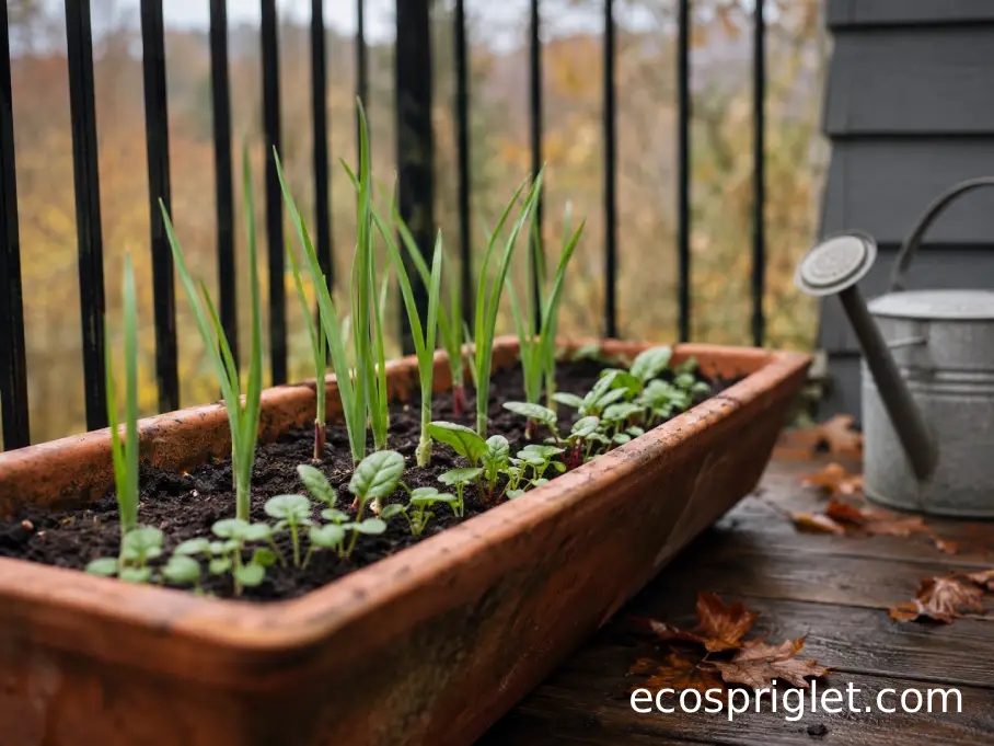 Young garlic shoots growing beside spinach and radish seedlings in a fall balcony planter.