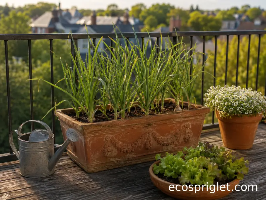 Healthy garlic beside lettuce and sweet alyssum in separate terracotta balcony containers.