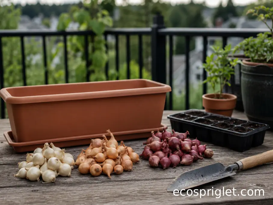 Three groups of onion sets sit beside a container on a sunny Portland balcony.