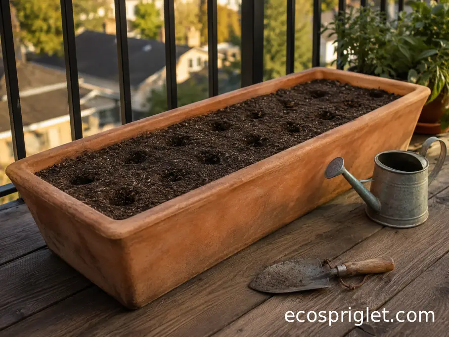 A wide balcony planter filled with potting mix is prepared for evenly spaced onions.