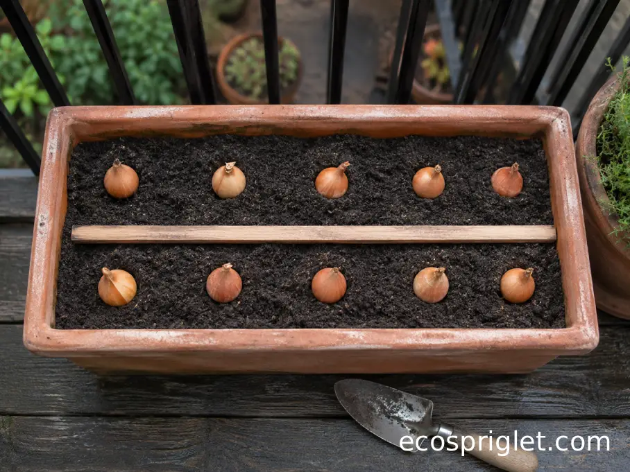 Onion sets are spaced evenly in potting mix inside a rectangular balcony planter.