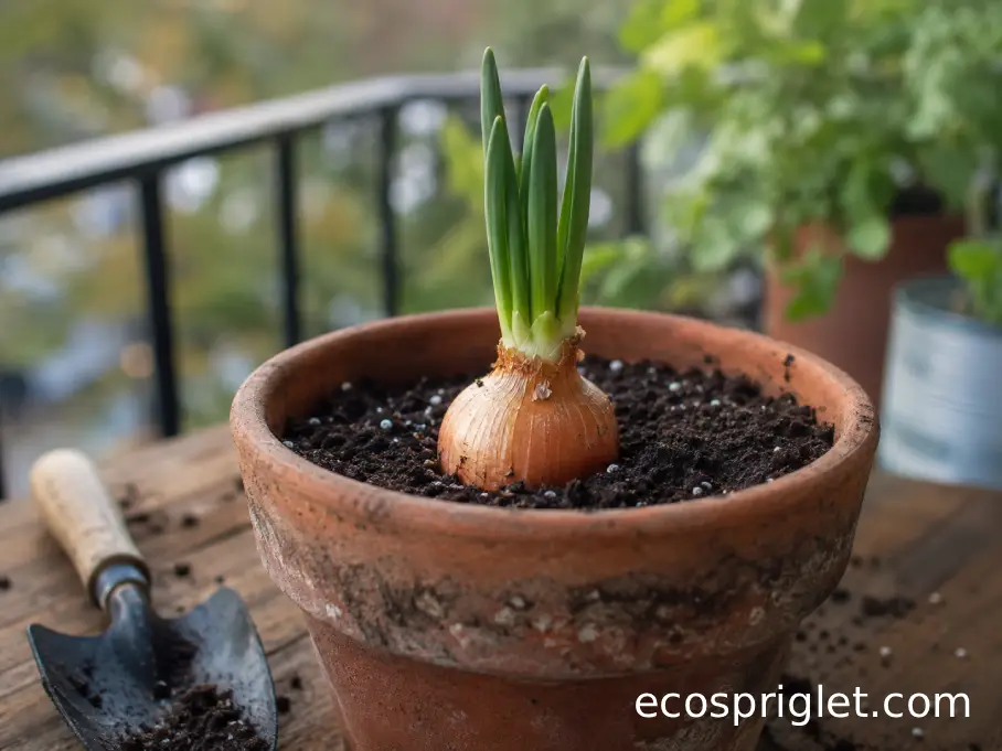 A sprouted kitchen onion grows from a terracotta pot with its green shoots above the soil.