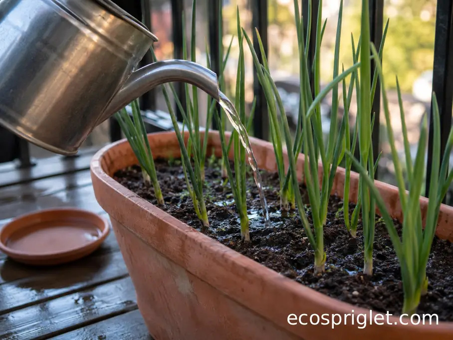 Young onion plants receive an even watering in a well-drained balcony planter.
