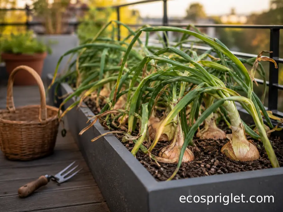 Mature onions in a balcony planter have begun bending their tops naturally as harvest approaches.