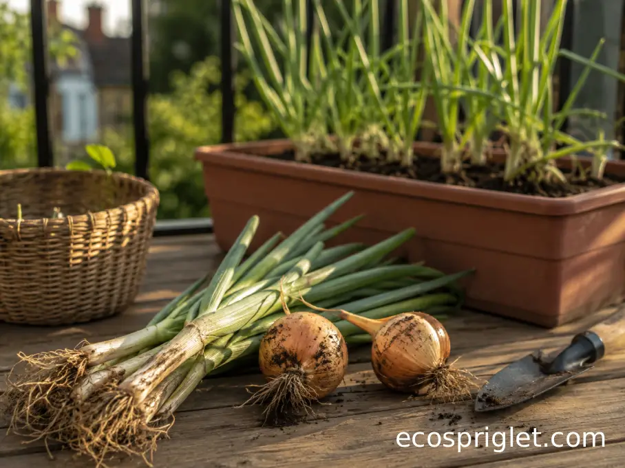 Green onions and mature bulbs sit beside a compact productive balcony planter.