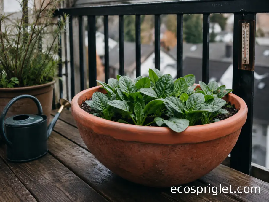 Young spinach plants growing in a terracotta container on a cool partially sunny apartment terrace.