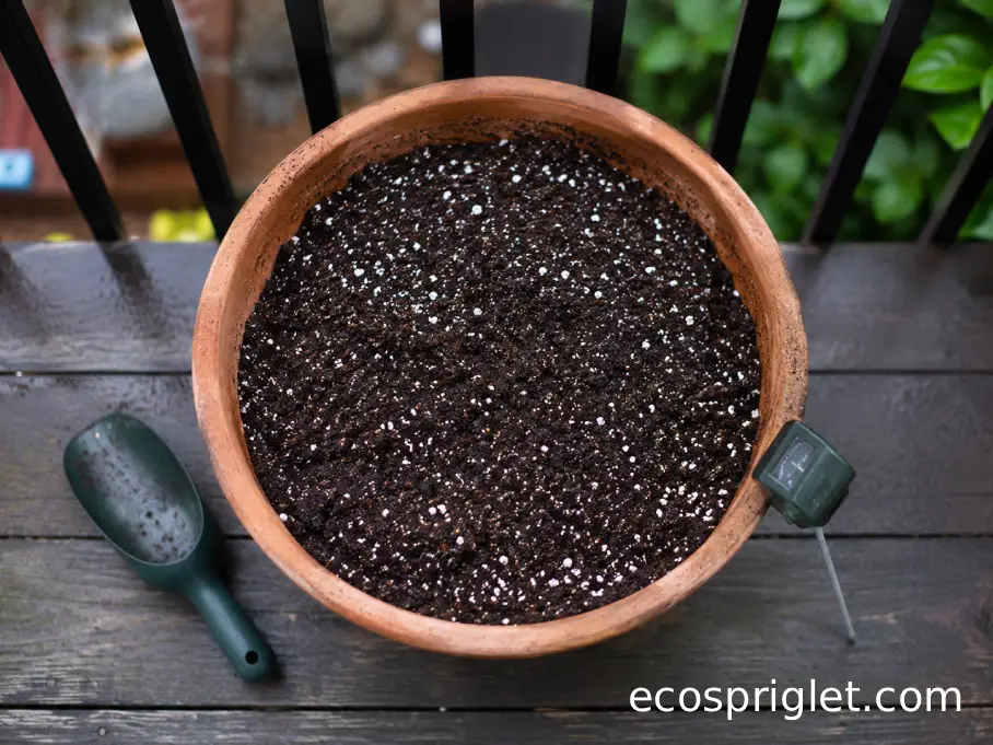 Loose potting mix prepared for spinach in a wide terracotta planter with a small soil scoop beside it.