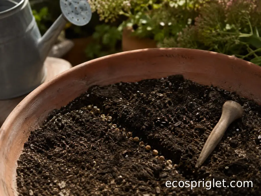 Spinach seeds spaced across moist potting mix in a shallow terracotta balcony planter.
